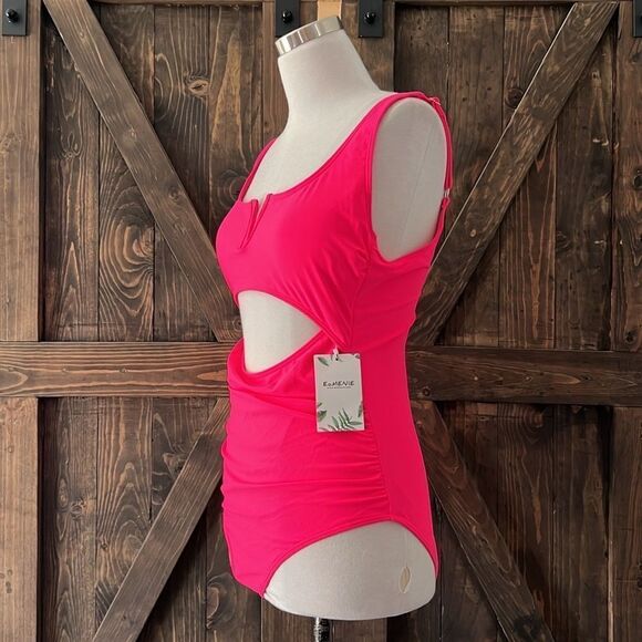 Eomenie Hot Pink Tummy Control One Piece Swimsuit Cutout High Waisted Slimming - Picture 6 of 14
